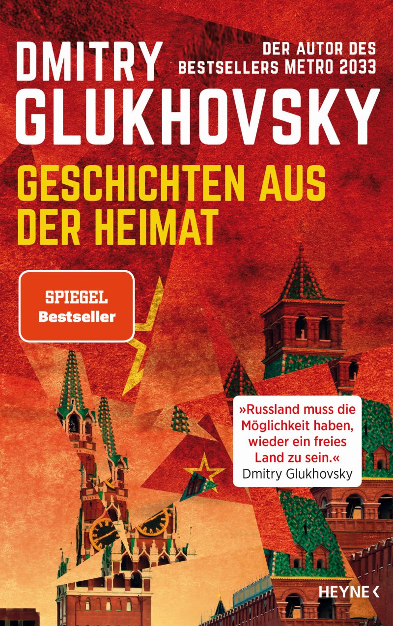 Cover im Hintergrund rot und orange, Abbildungen von Bauwerken aus Moskau im Vordergrund als zerschnittene Fragmente, Schriftfarben weiss und gelb
