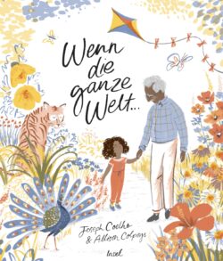 Illustration eines Kindes mit Großvater vor reichhaltiger Flora und Fauna.