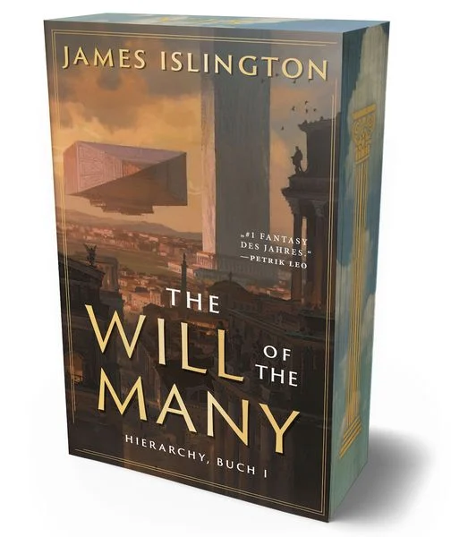 Blick auf eine antik anmutende Stadt mit schwebenden Obelisken