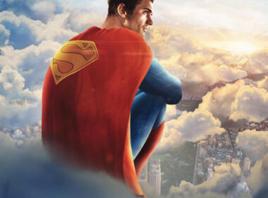 Superman sitzt in Wolken und hat uns den Rücken zugewand. Er schaut nach Rechts. Titel "Superman" steht unten in der Mitte.