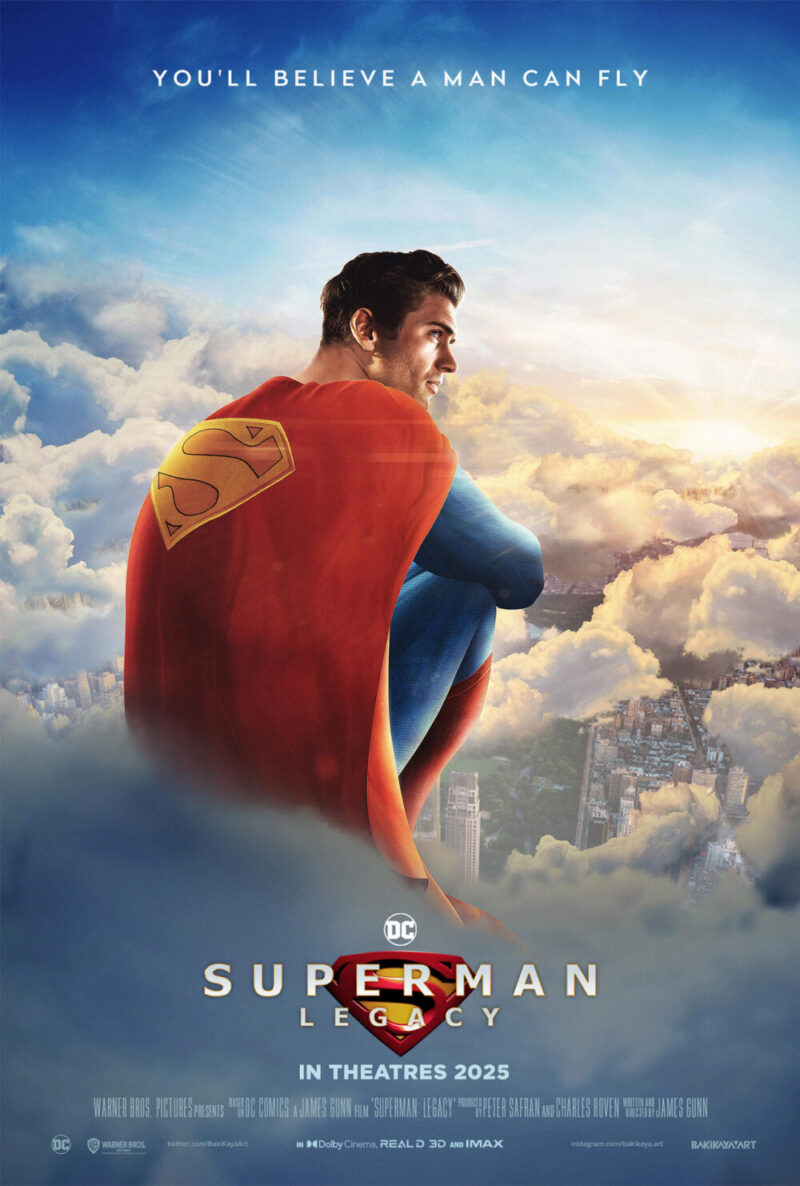 Superman sitzt in Wolken und hat uns den Rücken zugewand. Er schaut nach Rechts. Titel "Superman" steht unten in der Mitte.